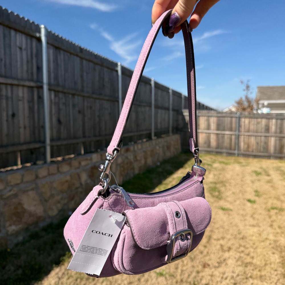 Coach Womens Suede Shoulder Bag Purple Lavender Buckle Y2K McBling Aesthetic - Picture 4 of 8